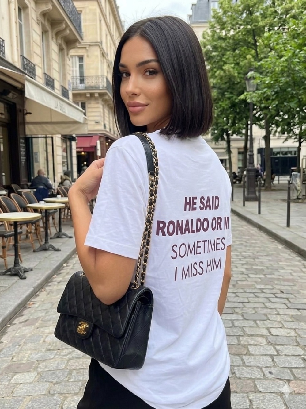 White Graphic Tee with Brown Text - 'He Said Ronaldo Or Me'